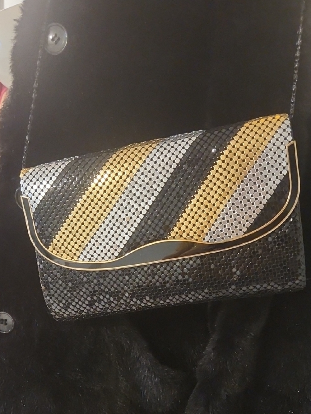 Y&S Handbags Black, Gold & Silver Striped Evening Clutch